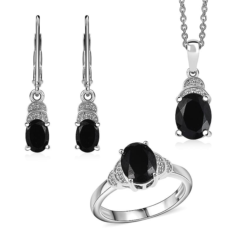 EverTrue Thai Black Spinel 6.50 ctw Earrings, Ring (Size 10.0) and Pendant in Platinum Bond with Stainless Steel Necklace 20 Inches