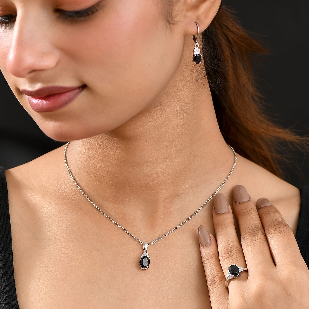 EverTrue Thai Black Spinel 6.50 ctw Earrings, Ring (Size 10.0) and Pendant in Platinum Bond with Stainless Steel Necklace 20 Inches image number 2