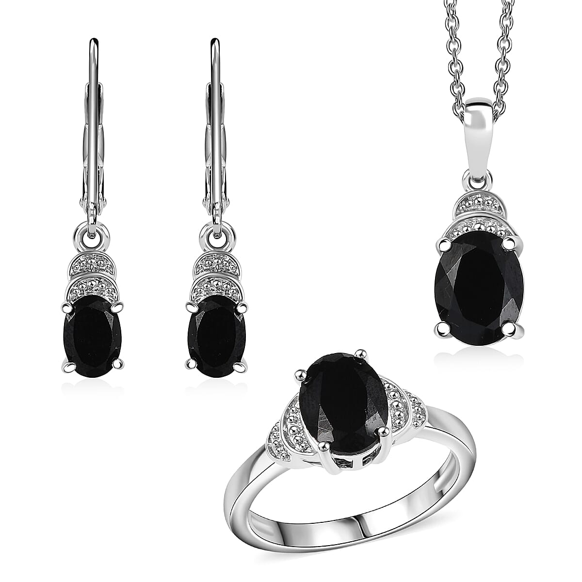 EverTrue Thai Black Spinel 6.50 ctw Earrings, Ring (Size 7.0) and Pendant in Platinum Bond with Stainless Steel Necklace 20 Inches image number 0