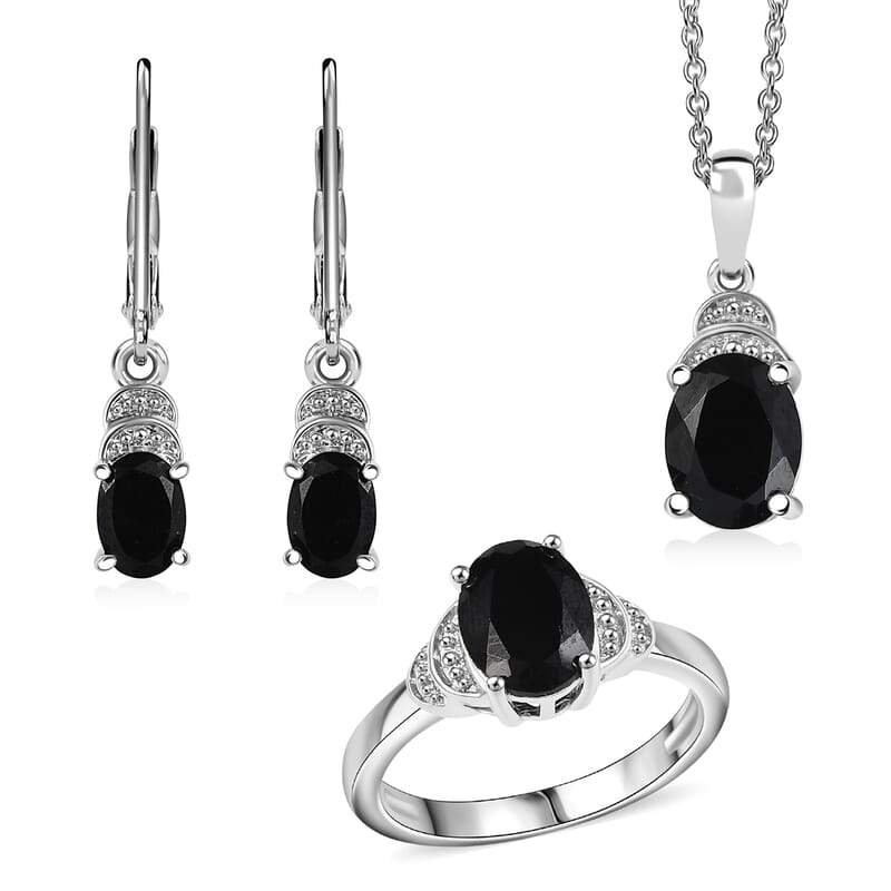 EverTrue Thai Black Spinel 6.50 ctw Earrings, Ring (Size 7.0) and Pendant in Platinum Bond with Stainless Steel Necklace 20 Inches