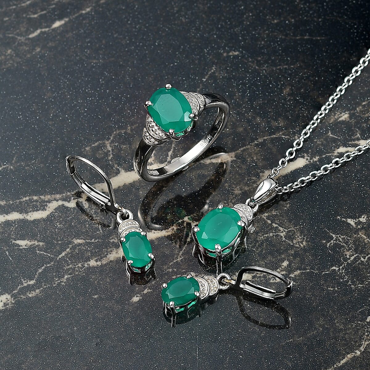 EverTrue Green Onyx 4.80 ctw Earrings, Ring (Size 11.0) and Pendant in Platinum Bond with Stainless Steel Necklace 20 Inches image number 1