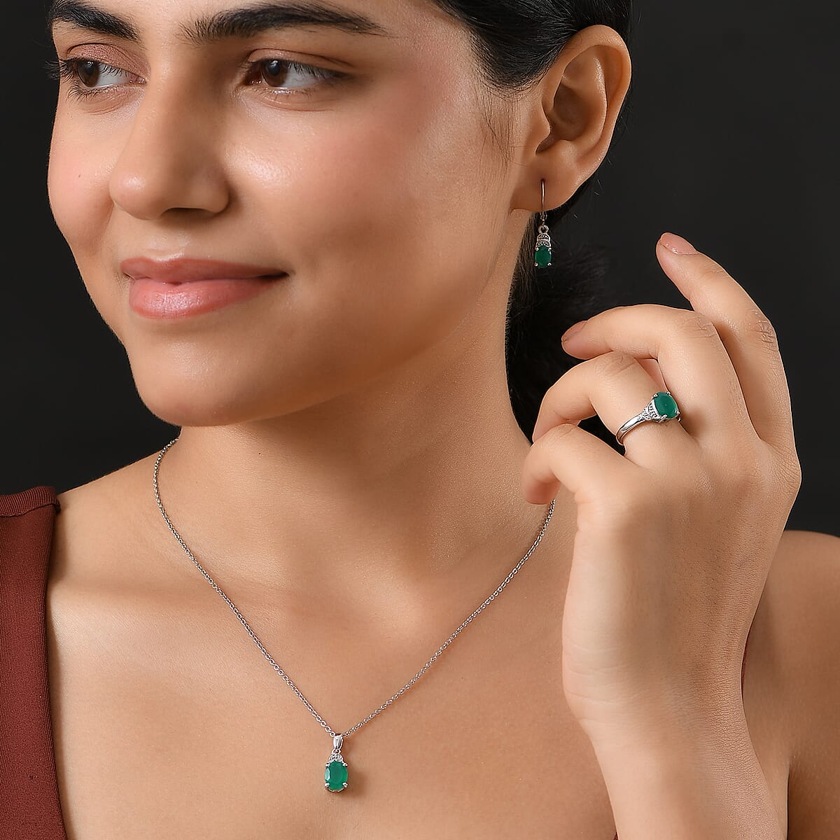 EverTrue Green Onyx 4.80 ctw Earrings, Ring (Size 11.0) and Pendant in Platinum Bond with Stainless Steel Necklace 20 Inches image number 2