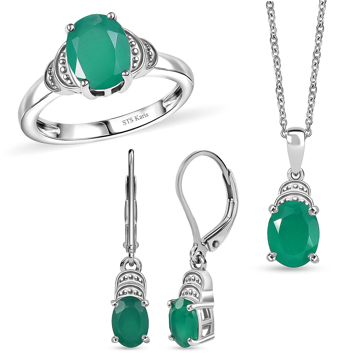 EverTrue Green Onyx 4.80 ctw Earrings, Ring (Size 9.0) and Pendant in Platinum Bond with Stainless Steel Necklace 20 Inches image number 0
