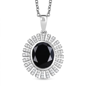 Thai Black Spinel and White Zircon 5.00 ctw Starburst Pendant Necklace 20 Inches in Stainless Steel 