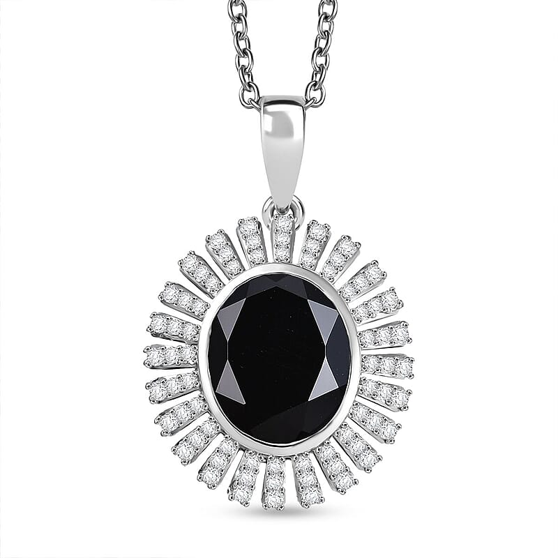 Thai Black Spinel and White Zircon 5.00 ctw Starburst Pendant Necklace 20 Inches in Stainless Steel 