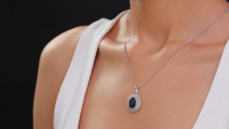 Thai Black Spinel and White Zircon 5.00 ctw Starburst Pendant Necklace 20 Inches in Stainless Steel