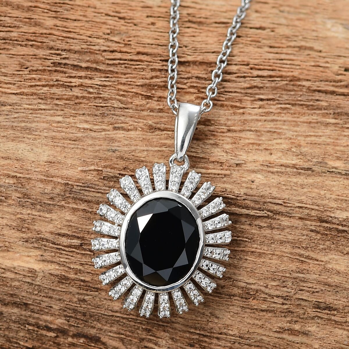 Thai Black Spinel and White Zircon 5.00 ctw Starburst Pendant Necklace 20 Inches in Stainless Steel  image number 1