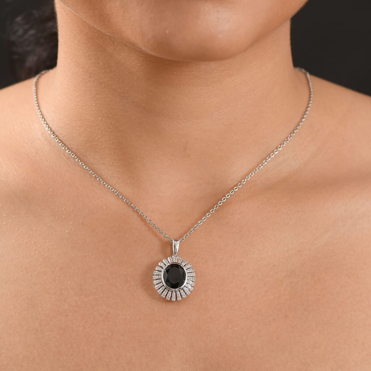 Thai Black Spinel and White Zircon 5.00 ctw Starburst Pendant Necklace 20 Inches in Stainless Steel  image number 2