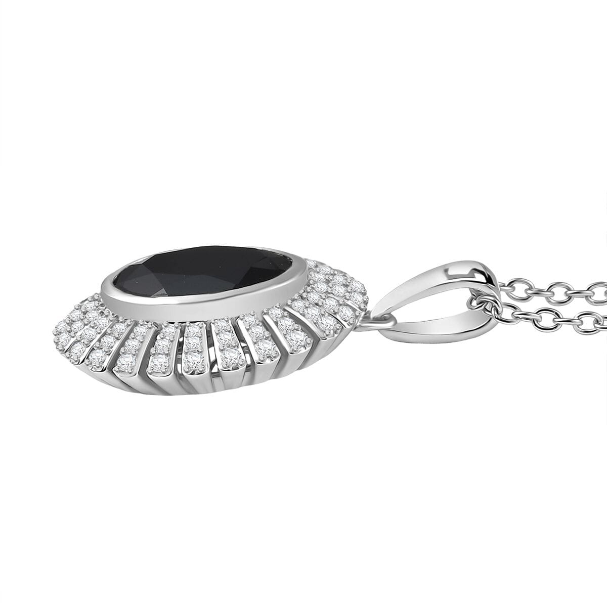 Thai Black Spinel and White Zircon 5.00 ctw Starburst Pendant Necklace 20 Inches in Stainless Steel  image number 3