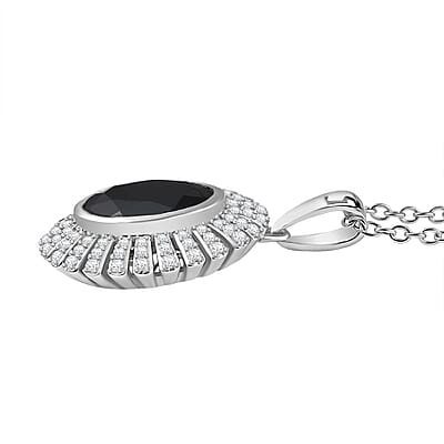 Thai Black Spinel and White Zircon 5.00 ctw Starburst Pendant Necklace 20 Inches in Stainless Steel 