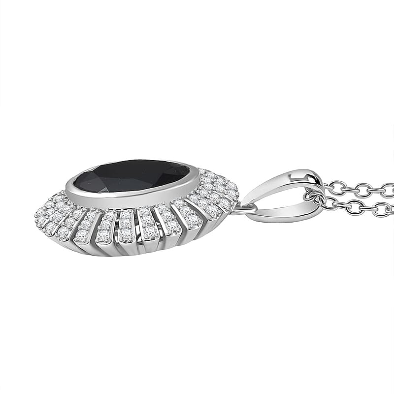 Thai Black Spinel and White Zircon 5.00 ctw Starburst Pendant Necklace 20 Inches in Stainless Steel 