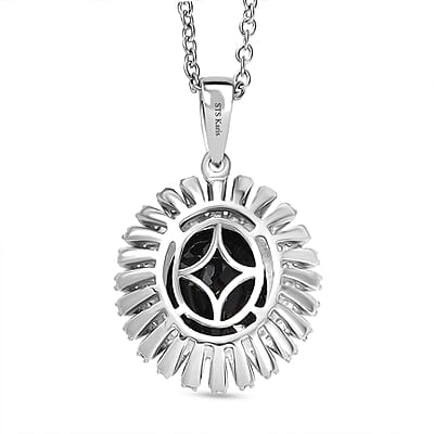 Thai Black Spinel and White Zircon 5.00 ctw Starburst Pendant Necklace 20 Inches in Stainless Steel 