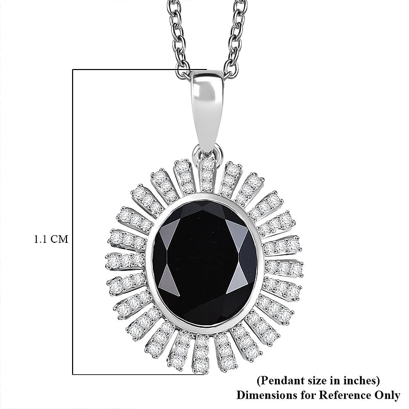 Thai Black Spinel and White Zircon 5.00 ctw Starburst Pendant Necklace 20 Inches in Stainless Steel 