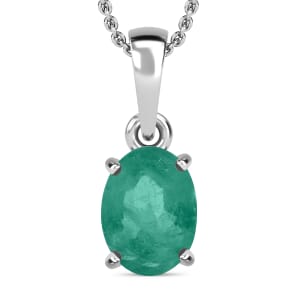 Kagem Zambian Emerald 1.20 ctw Solitaire Pendant Necklace 20 Inches in Platinum Over Sterling Silver