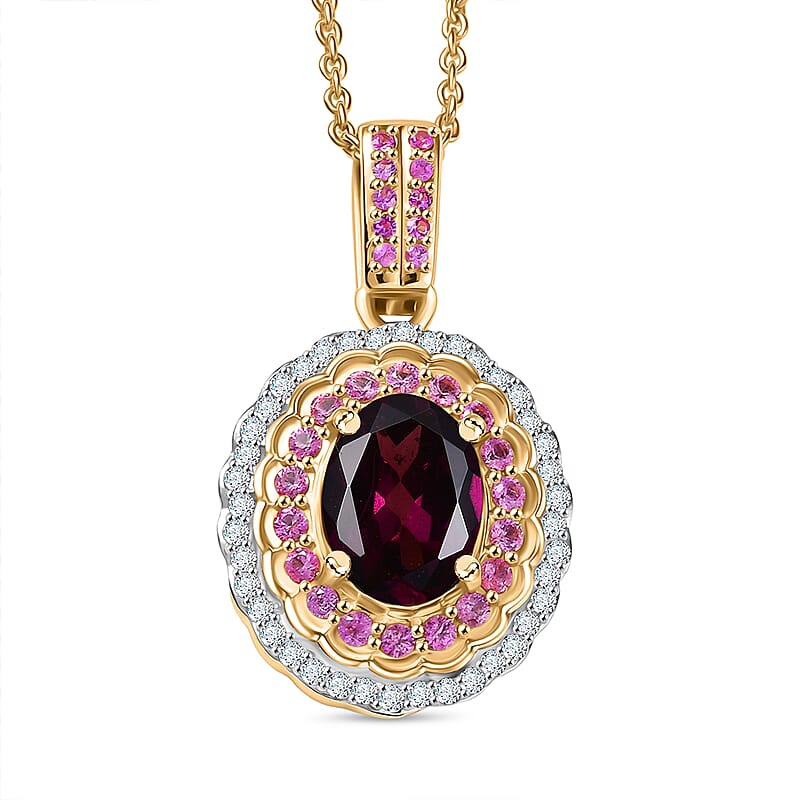 Luxoro AAA Radiant Ember Garnet, Madagascar Pink Sapphire and I1 Diamond 1.85 ctw Blush & Bloom Pendant Necklace in 10K Yellow Gold 20 Inches