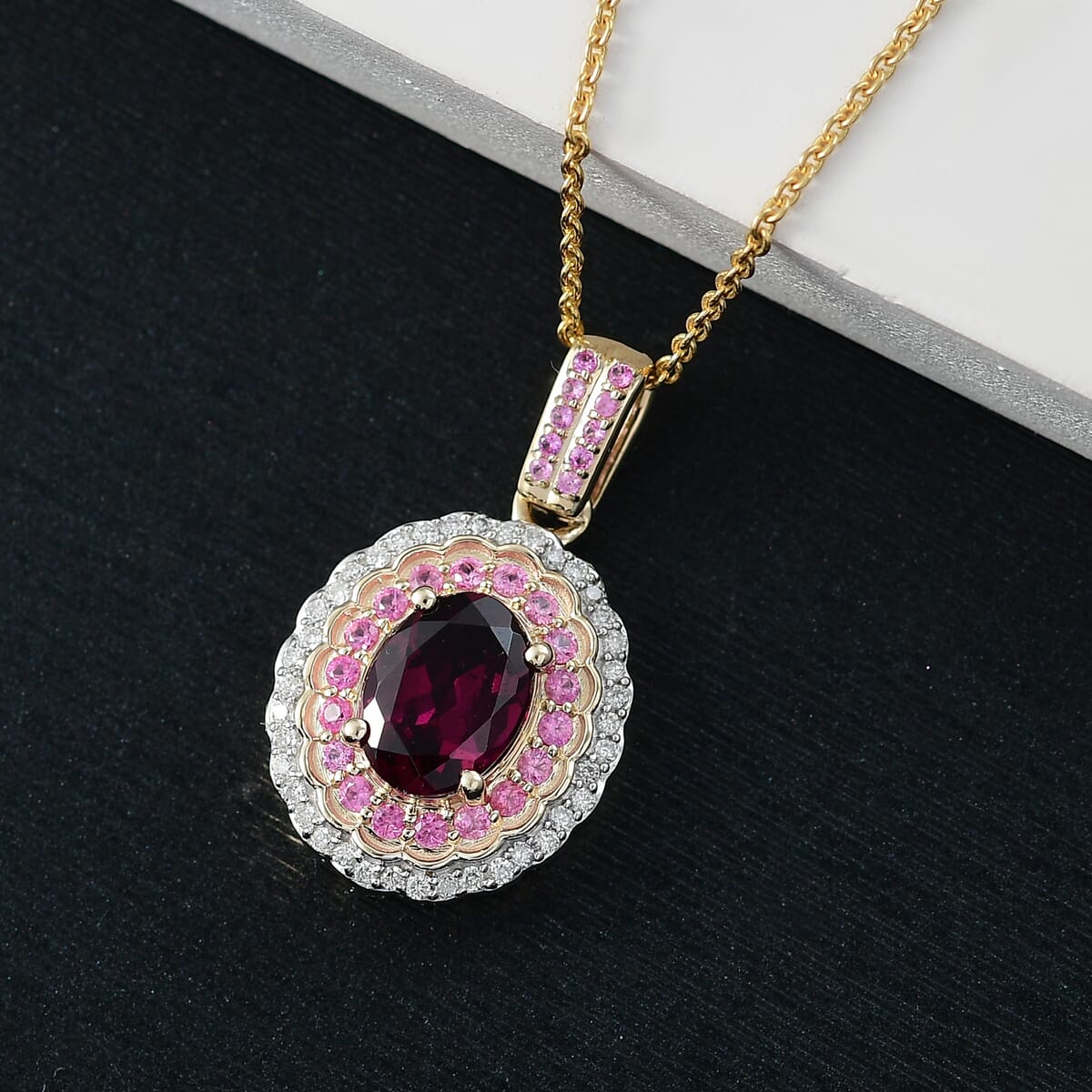 Luxoro AAA Radiant Ember Garnet, Madagascar Pink Sapphire and I1 Diamond 1.85 ctw Blush & Bloom Pendant Necklace in 10K Yellow Gold 20 Inches image number 1