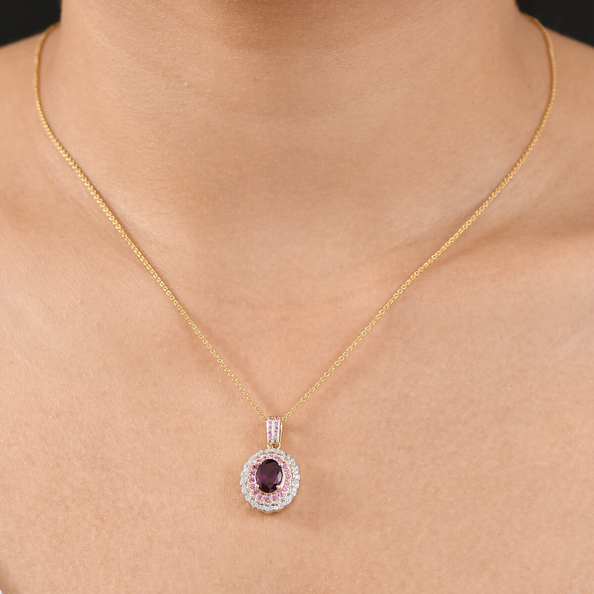 Luxoro AAA Radiant Ember Garnet, Madagascar Pink Sapphire and I1 Diamond 1.85 ctw Blush & Bloom Pendant Necklace in 10K Yellow Gold 20 Inches image number 2