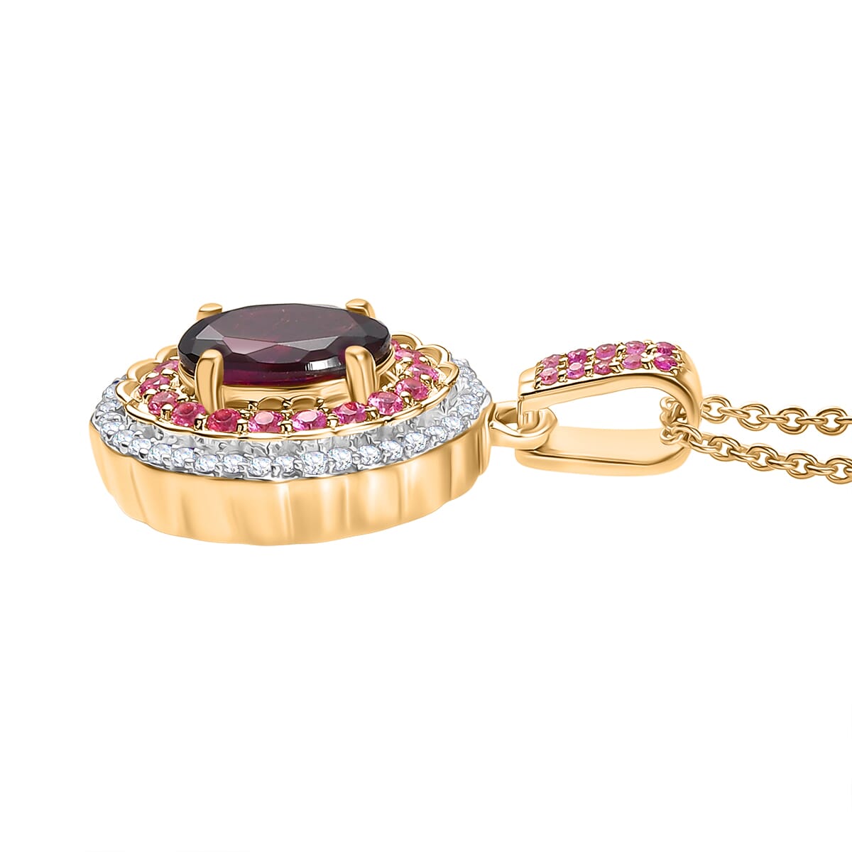 Luxoro AAA Radiant Ember Garnet, Madagascar Pink Sapphire and I1 Diamond 1.85 ctw Blush & Bloom Pendant Necklace in 10K Yellow Gold 20 Inches image number 3