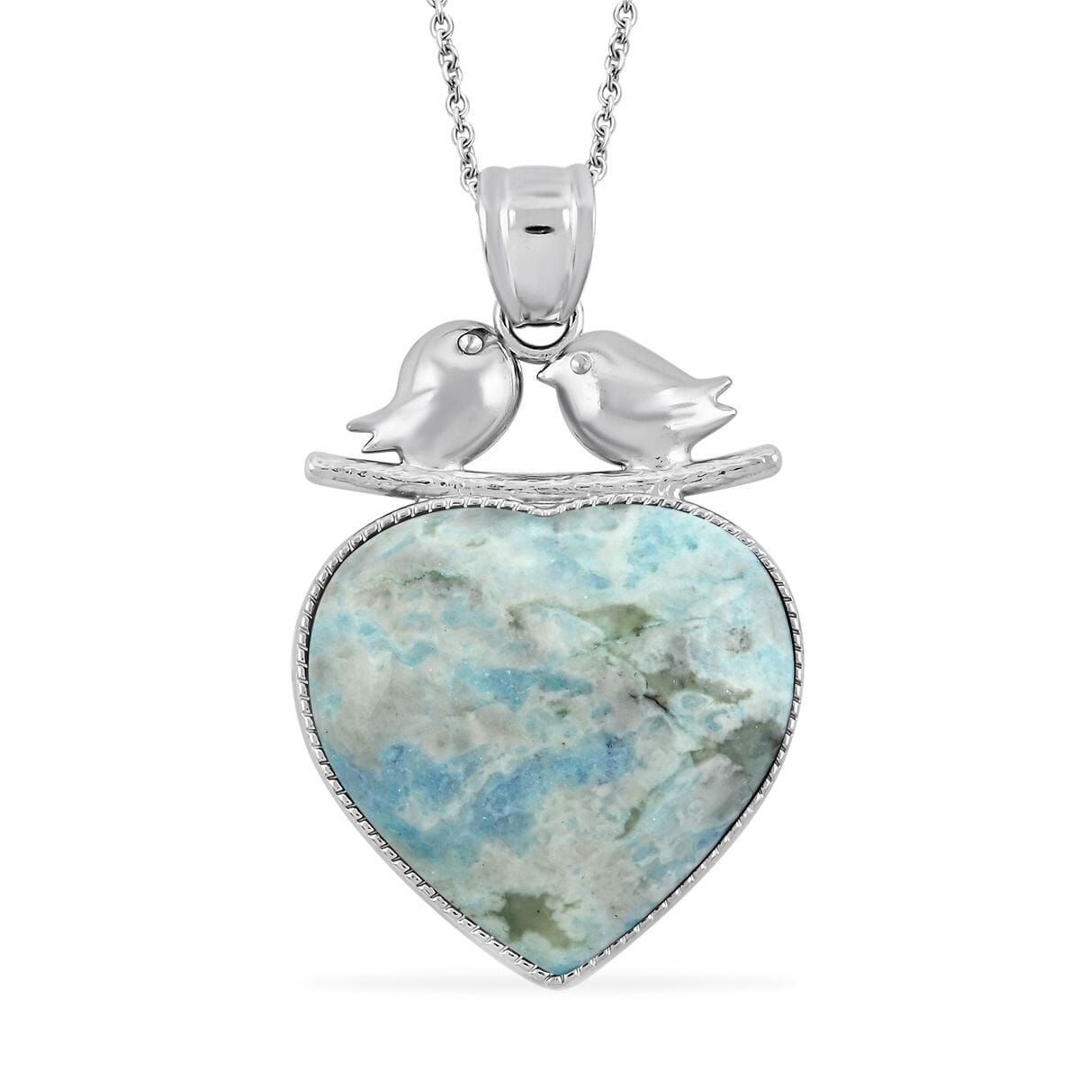 Plain Love-Bird Heart Turquoise Jasper 51.00 ctw Pendant in Silvertone with Stainless Steel Necklace (20 Inches) image number 0