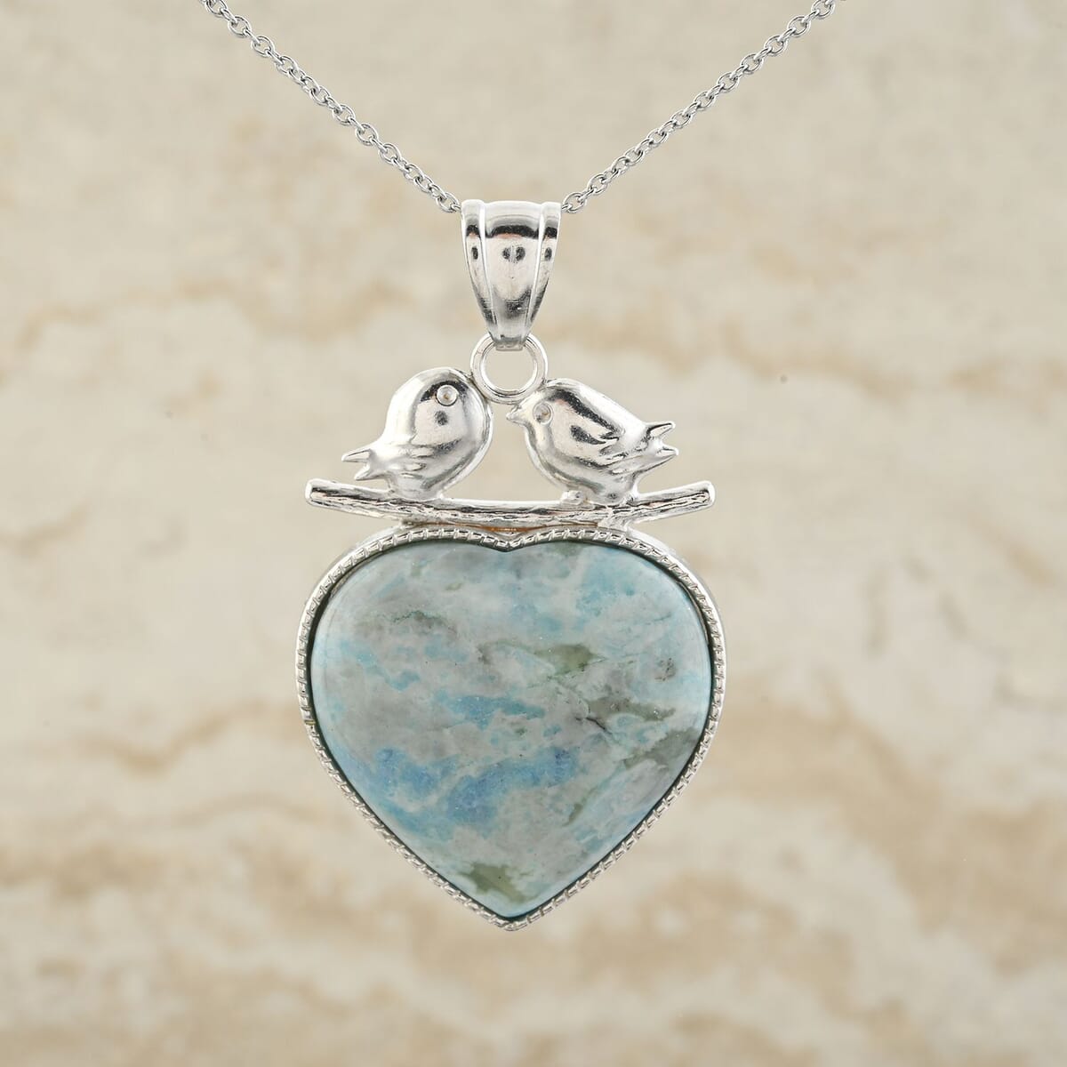 Plain Love-Bird Heart Turquoise Jasper 51.00 ctw Pendant in Silvertone with Stainless Steel Necklace (20 Inches) image number 1