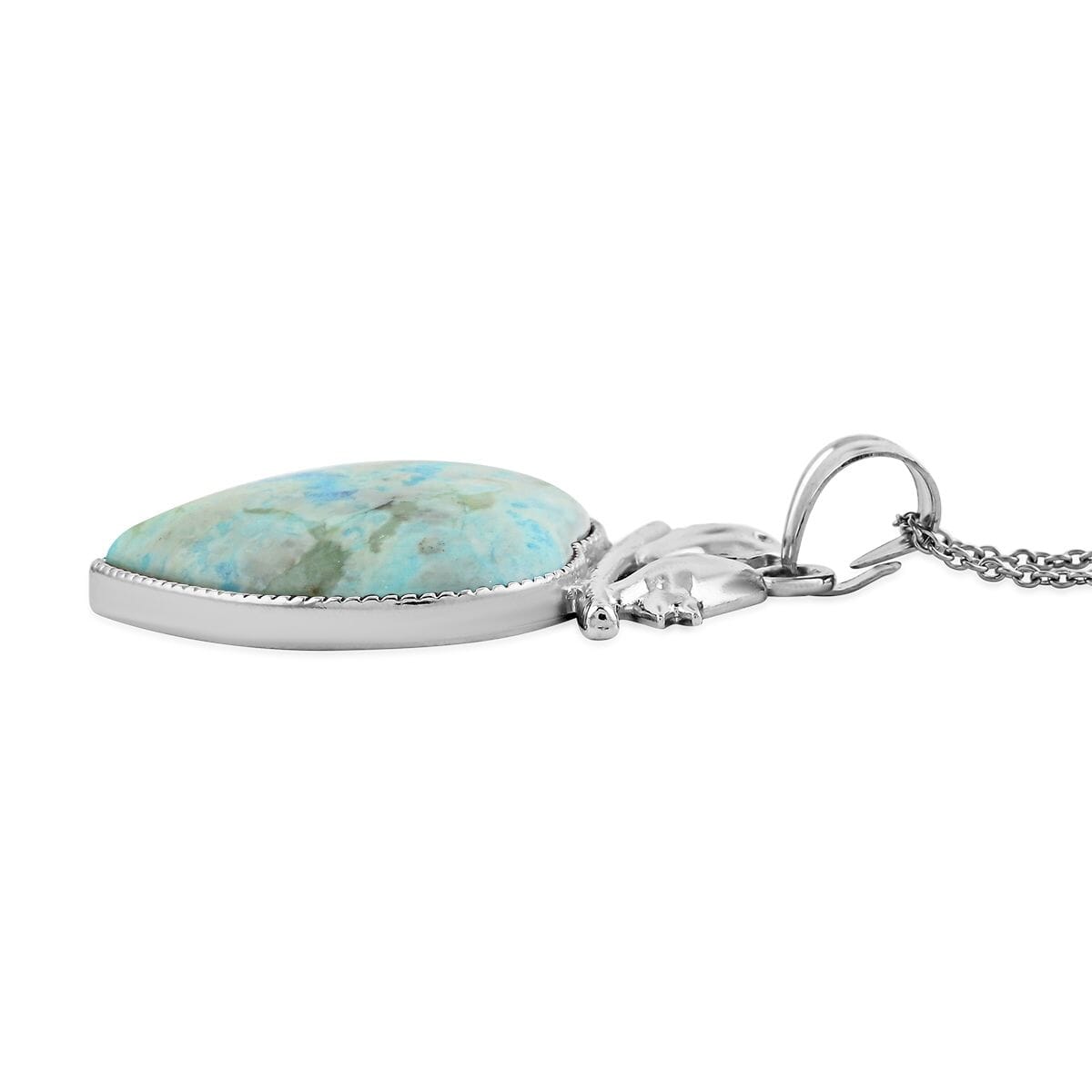 Plain Love-Bird Heart Turquoise Jasper 51.00 ctw Pendant in Silvertone with Stainless Steel Necklace (20 Inches) image number 3