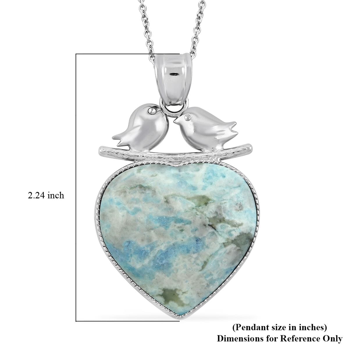 Plain Love-Bird Heart Turquoise Jasper 51.00 ctw Pendant in Silvertone with Stainless Steel Necklace (20 Inches) image number 5