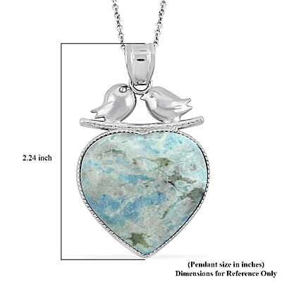 Plain Love-Bird Heart Turquoise Jasper 51.00 ctw Pendant in Silvertone with Stainless Steel Necklace (20 Inches)