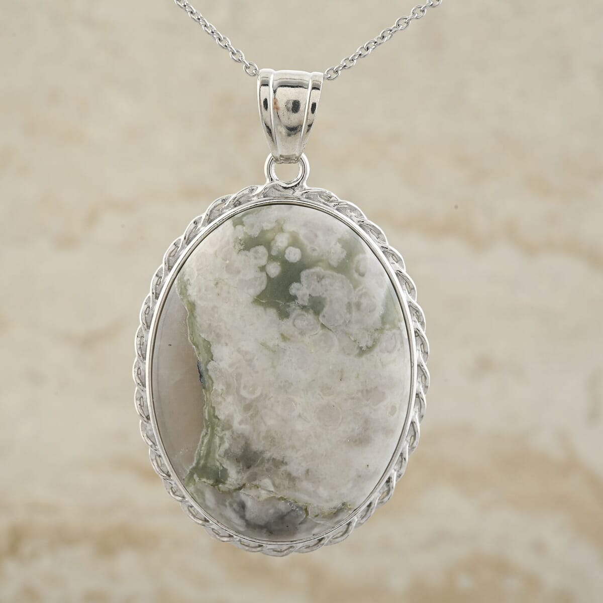 Classic Oval Peace Jasper 78.00 ctw Pendant in Silvertone with Stainless Steel Necklace (20 Inches) image number 1