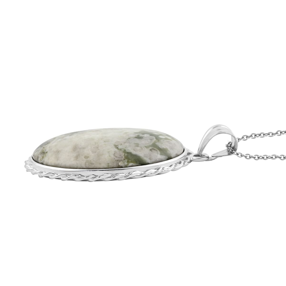 Classic Oval Peace Jasper 78.00 ctw Pendant in Silvertone with Stainless Steel Necklace (20 Inches) image number 3