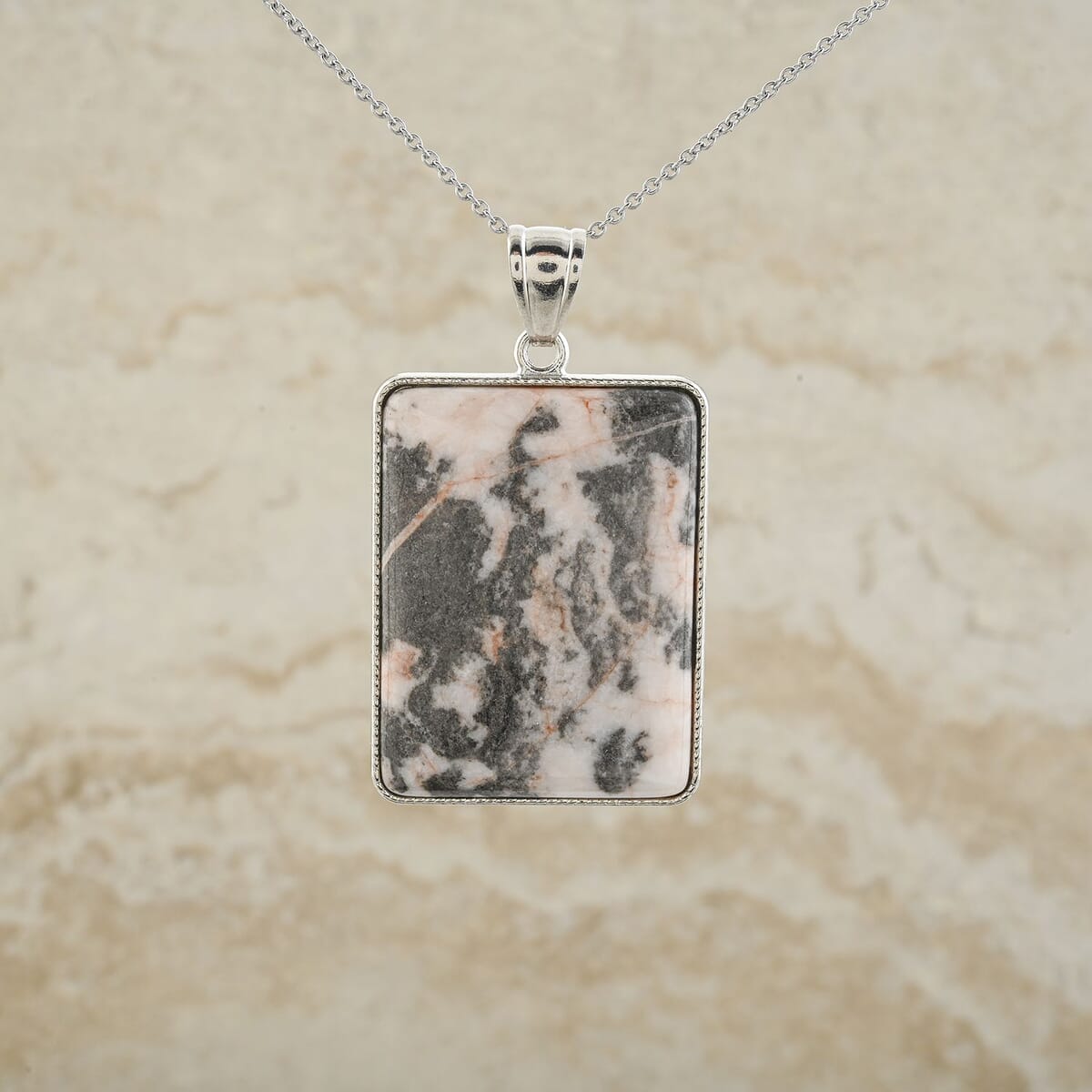 Plain Rectangle Inlay Frame Pink Zebra Jasper 94.00 ctw Pendant in Silvertone with Stainless Steel Necklace (20 Inches) image number 1