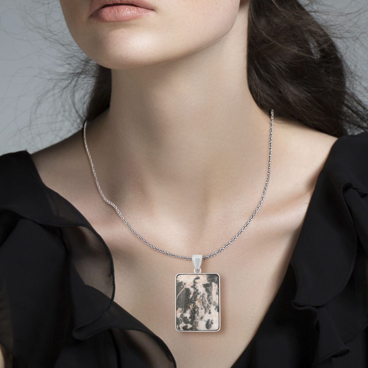 Plain Rectangle Inlay Frame Pink Zebra Jasper 94.00 ctw Pendant in Silvertone with Stainless Steel Necklace (20 Inches) image number 2