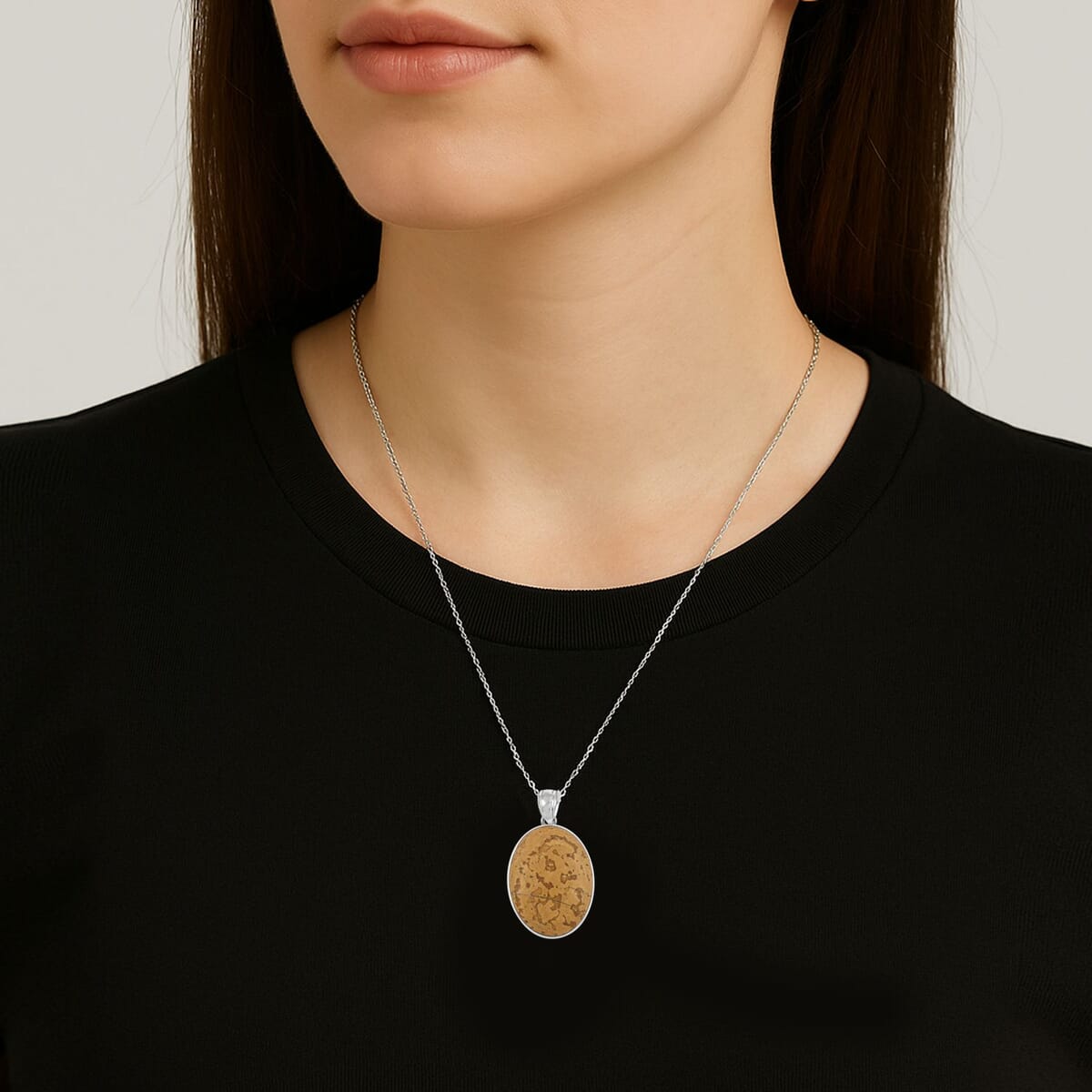 Plain Oval Inlay Frame Coconut Stone 64.00 ctw Pendant in Silvertone with Stainless Steel Necklace (20 Inches) image number 2