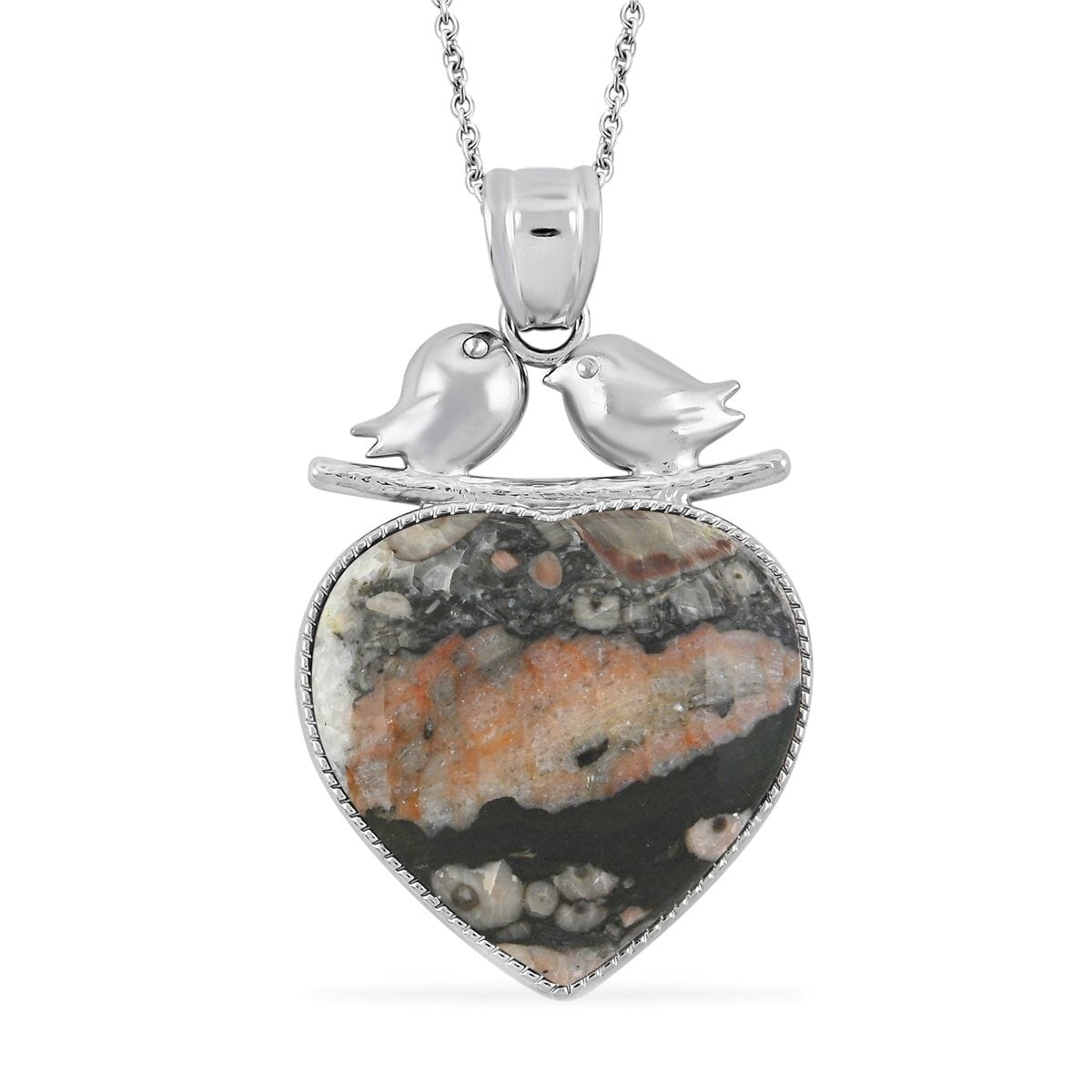 Inlay Heart Frame Love-Bird Hand-Polished Insect Fossil Jasper 51.00 ctw Pendant in Silvertone with Stainless Steel Necklace (20 Inches) image number 0