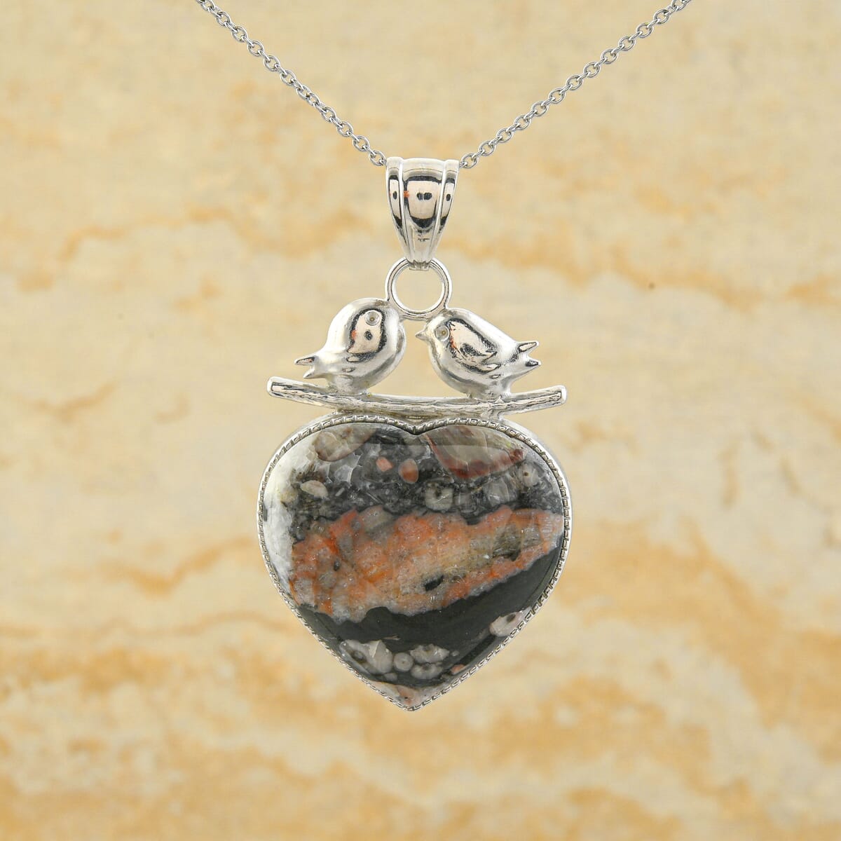 Inlay Heart Frame Love-Bird Hand-Polished Insect Fossil Jasper 51.00 ctw Pendant in Silvertone with Stainless Steel Necklace (20 Inches) image number 1