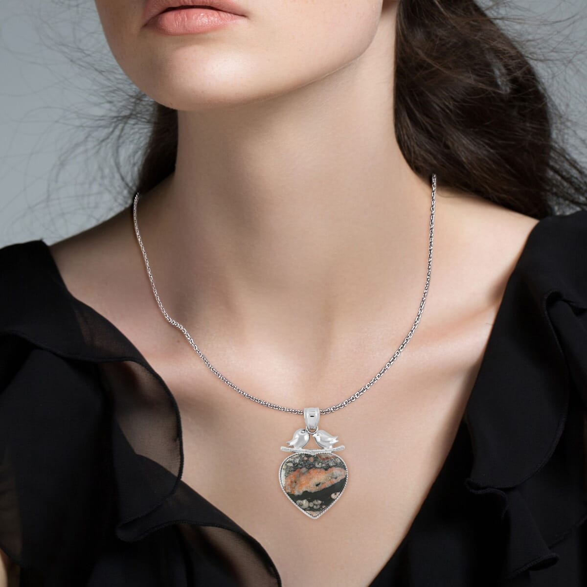 Inlay Heart Frame Love-Bird Hand-Polished Insect Fossil Jasper 51.00 ctw Pendant in Silvertone with Stainless Steel Necklace (20 Inches) image number 2