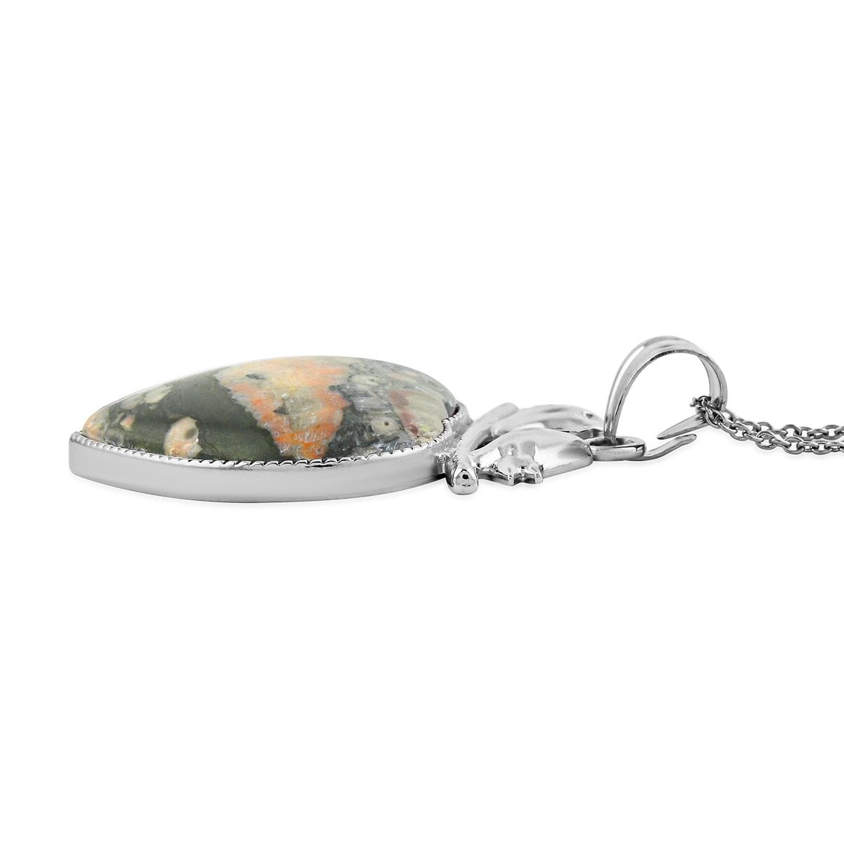 Inlay Heart Frame Love-Bird Hand-Polished Insect Fossil Jasper 51.00 ctw Pendant in Silvertone with Stainless Steel Necklace (20 Inches) image number 3