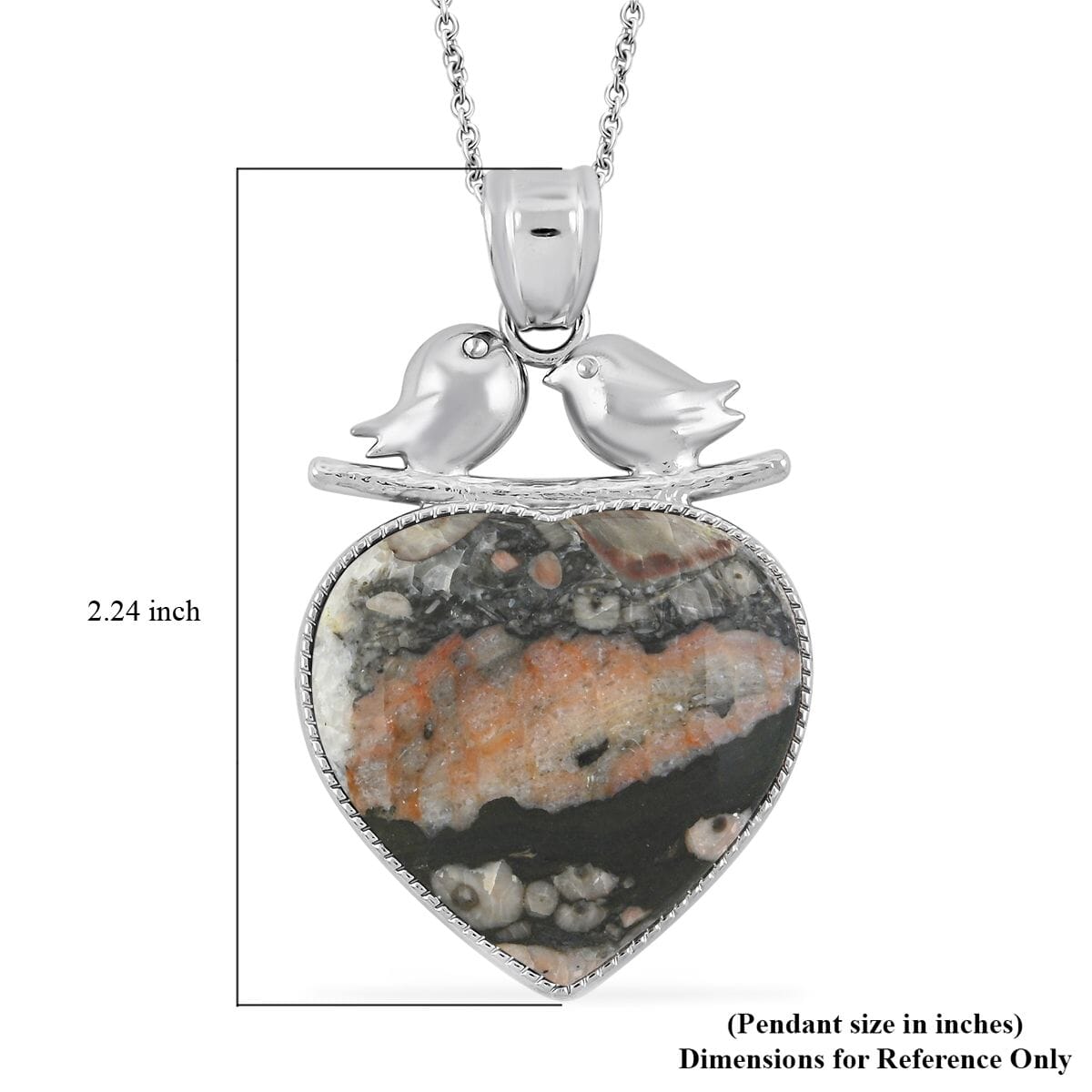 Inlay Heart Frame Love-Bird Hand-Polished Insect Fossil Jasper 51.00 ctw Pendant in Silvertone with Stainless Steel Necklace (20 Inches) image number 5