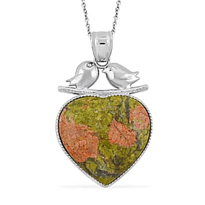 Inlay Heart Frame Love-Bird Unakite 53.00 ctw Pendant in Silvertone with Stainless Steel Necklace (20 Inches)