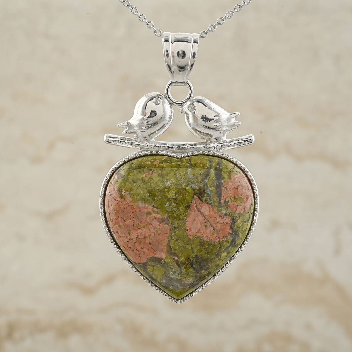 Inlay Heart Frame Love-Bird Unakite 53.00 ctw Pendant in Silvertone with Stainless Steel Necklace (20 Inches) image number 1