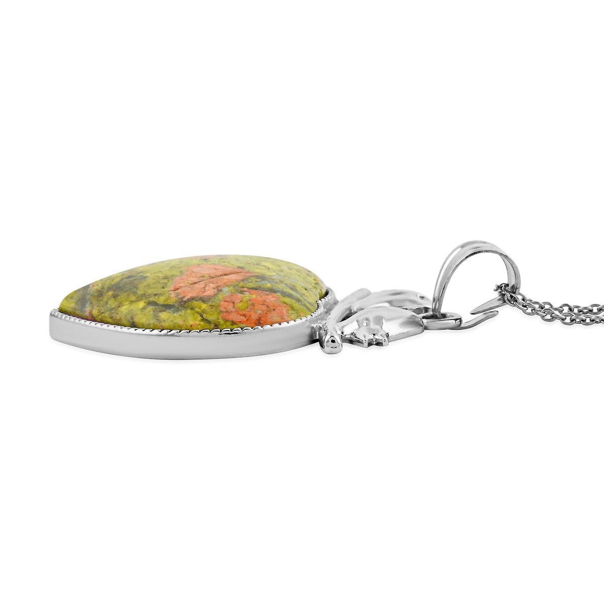 Inlay Heart Frame Love-Bird Unakite 53.00 ctw Pendant in Silvertone with Stainless Steel Necklace (20 Inches) image number 3