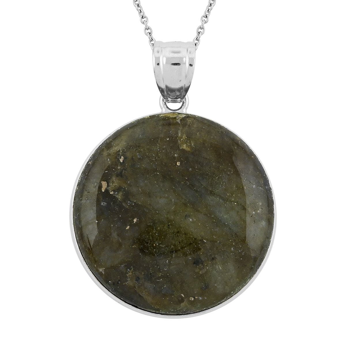 Inlay Frame Round Hand-Polished Labradorite 59.00 ctw Pendant in Silvertone with Stainless Steel Necklace (20 Inches) image number 0