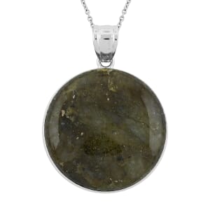 Inlay Frame Round Hand-Polished Labradorite 59.00 ctw Pendant in Silvertone with Stainless Steel Necklace (20 Inches)