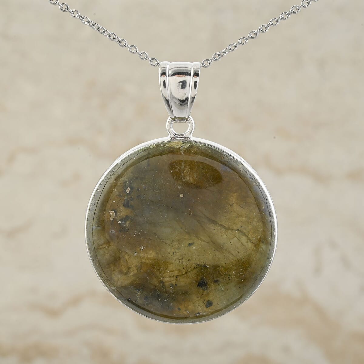 Inlay Frame Round Hand-Polished Labradorite 59.00 ctw Pendant in Silvertone with Stainless Steel Necklace (20 Inches) image number 1