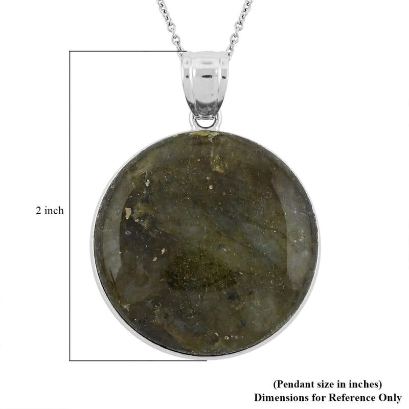 Inlay Frame Round Hand-Polished Labradorite 59.00 ctw Pendant in Silvertone with Stainless Steel Necklace (20 Inches)