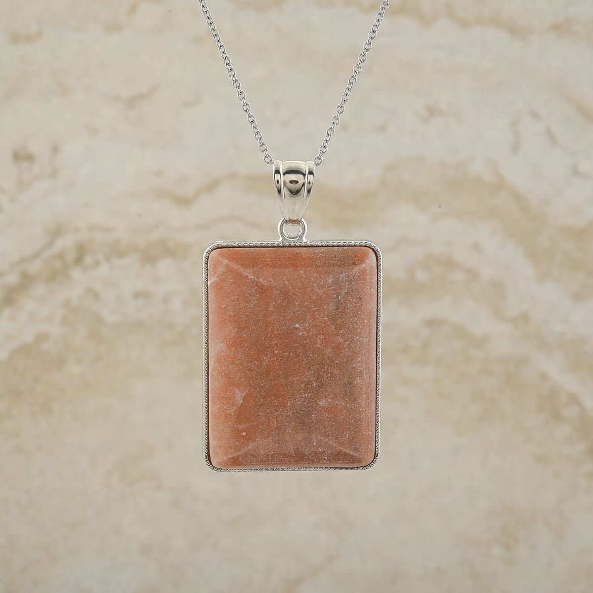 Inlay Rectangle Frame Peace Chili Stone 98.00 ctw Pendant in Silvertone with Stainless Steel Necklace (20 Inches) image number 1