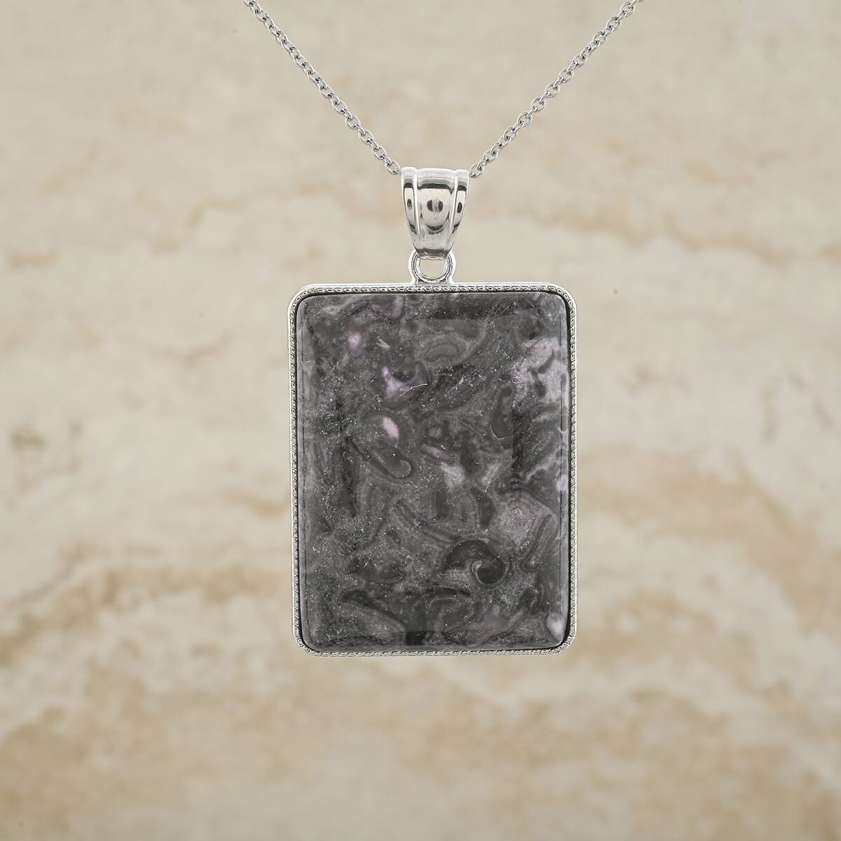 Plain Rectangle Pink Moss Jasper 101.00 ctw Pendant in Silvertone with Stainless Steel Necklace (20 Inches) image number 1