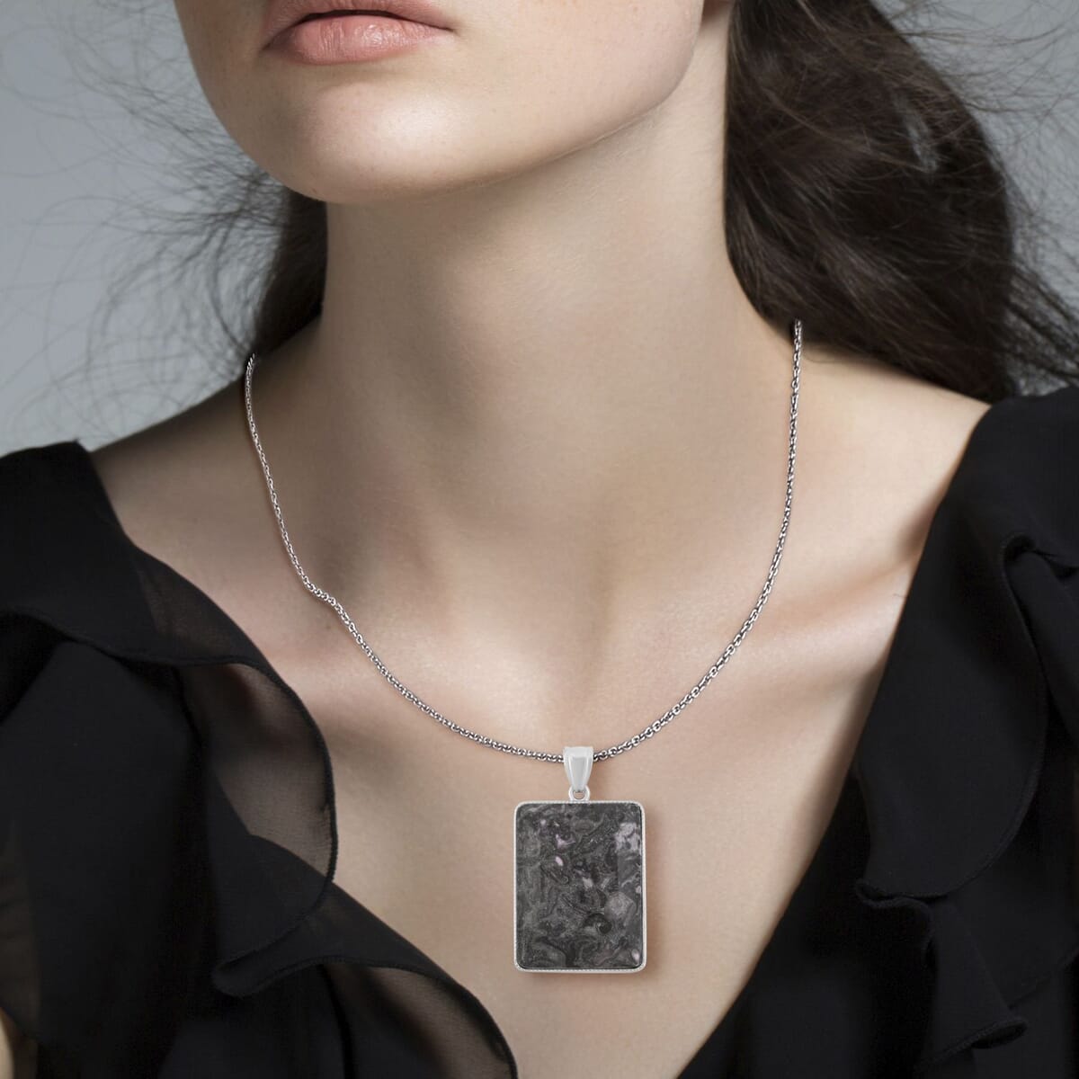 Plain Rectangle Pink Moss Jasper 101.00 ctw Pendant in Silvertone with Stainless Steel Necklace (20 Inches) image number 2