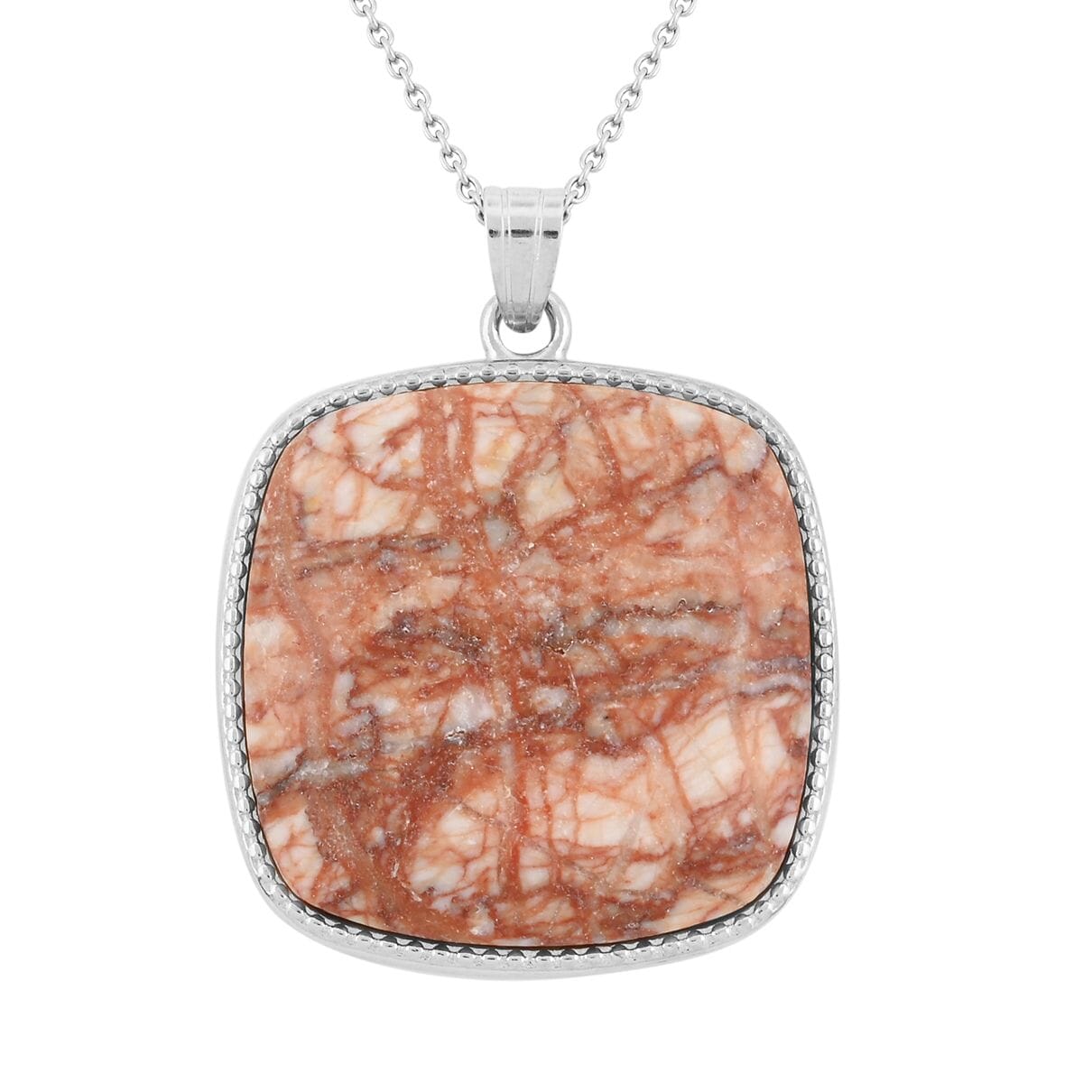 Plain Square Pink Web Jasper 66.00 ctw Inlay Frame Pendant in Silvertone with Stainless Steel Necklace (20 Inches) image number 0