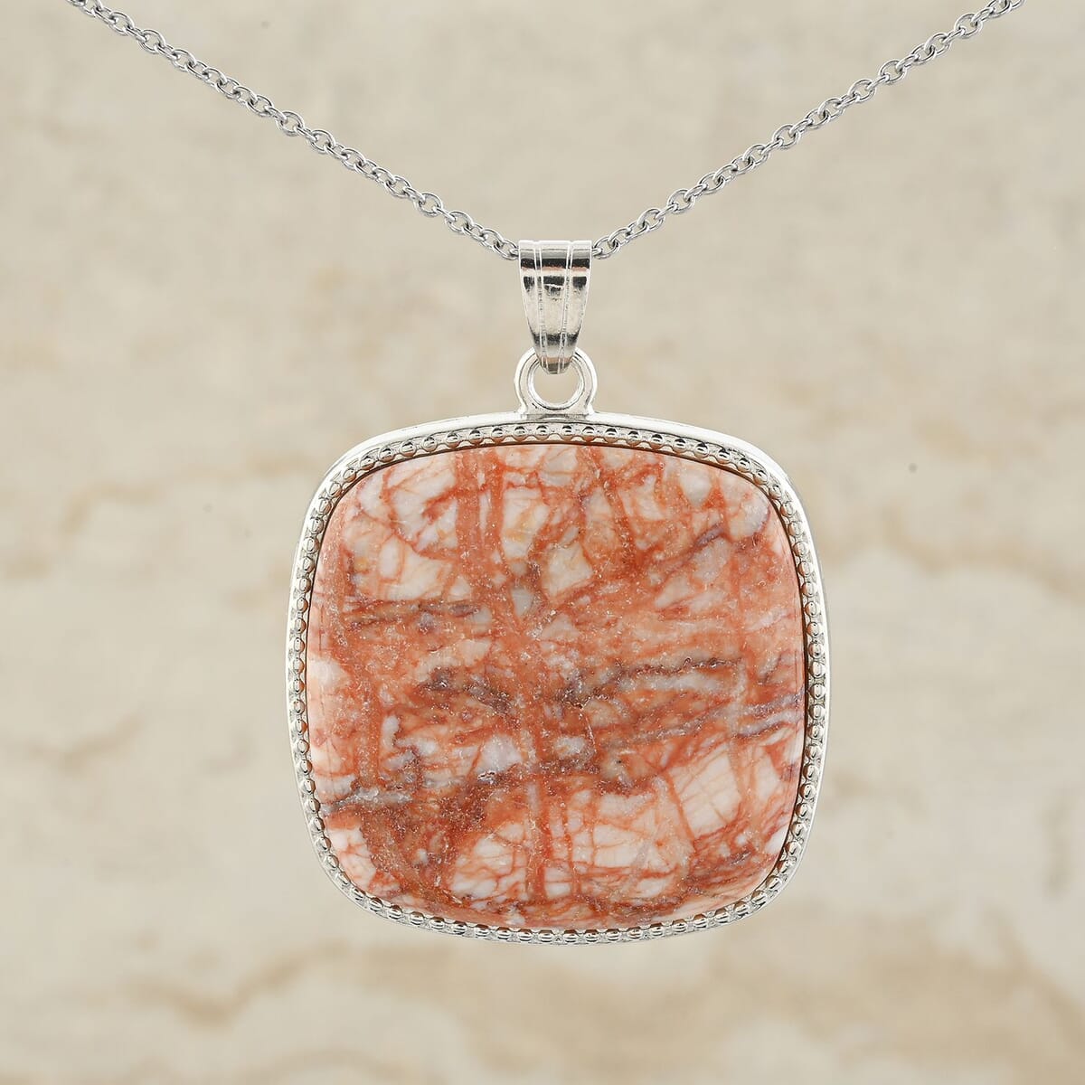 Plain Square Pink Web Jasper 66.00 ctw Inlay Frame Pendant in Silvertone with Stainless Steel Necklace (20 Inches) image number 1