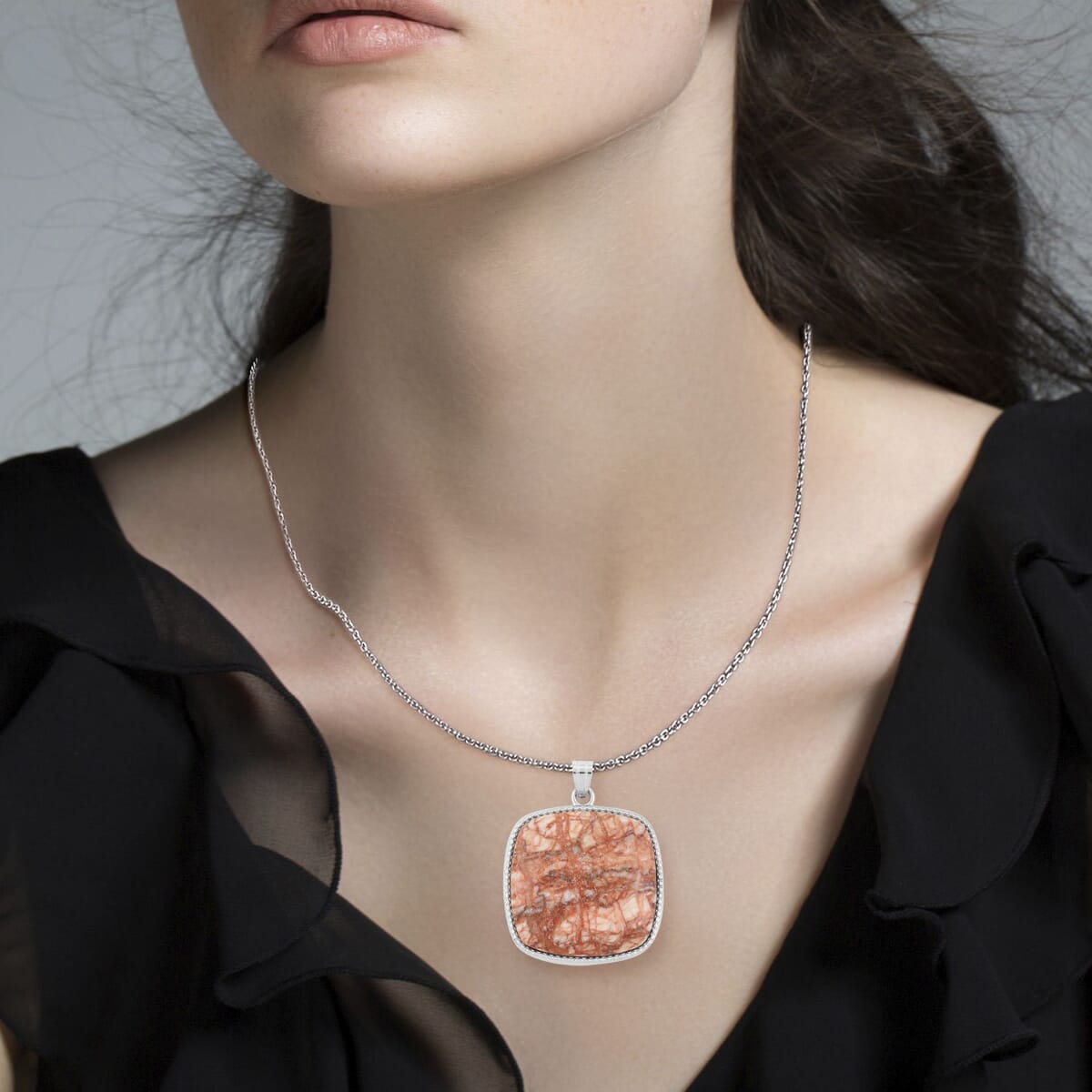 Plain Square Pink Web Jasper 66.00 ctw Inlay Frame Pendant in Silvertone with Stainless Steel Necklace (20 Inches) image number 2